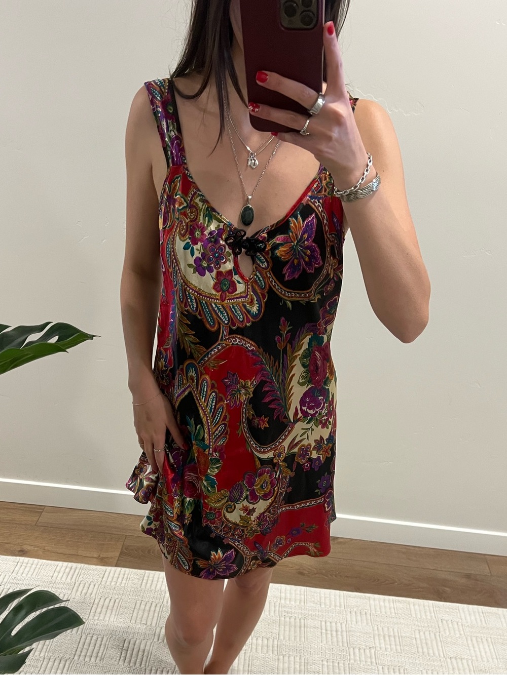 Adonna Red and Black Paisley Floral Mini Slip Dress
